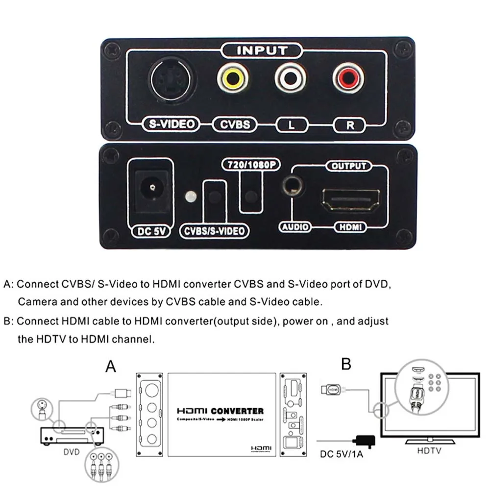 AV S-Video CVBS to HDMI Audio Converter AV CVBS+S-VIDEO Composite S-video Switcher HDMI 1080P Adaptor Upscaler HD 3RCA for TV PC