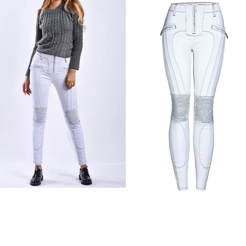 

White Jeans Woman Moto Jeans Biker Trouser Back Zipper Jeans Elasticity Pleated Stretch Skinny Denim Pencil Pants