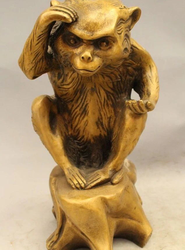 

14" Chinese Folk Brass Clever Zodiac Year Monkey Lucky Wealth Statue Sculpture