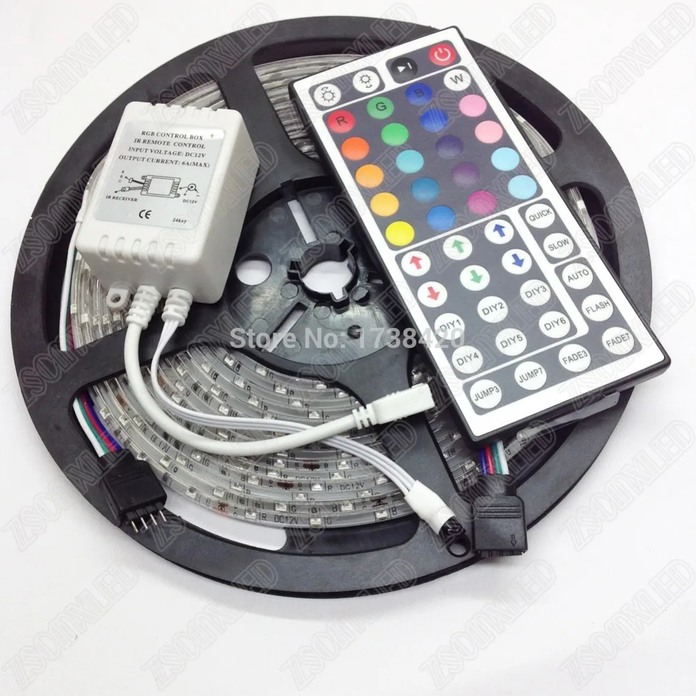 

5m/set 60leds/m 3528 12V RGB Led strip IP65 Waterproof + 44keys IR Remote Controller flexible strip lighting outdoor