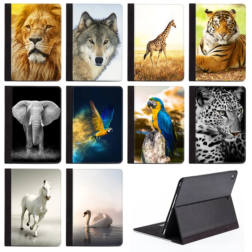 

Wild Animals White Horse Lion Wolf Tiger Elephant Shockproof Protective PU Leather Case Tablet Cover For Apple iPad Mini 1 2 3