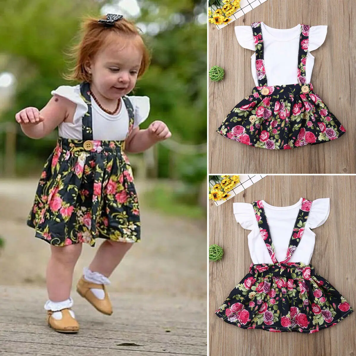 Одежда для новорожденных девочек, боди с короткими рукавами+ юбка на бретелях с цветочным принтом, комплект из 2 предметов, летняя одежда