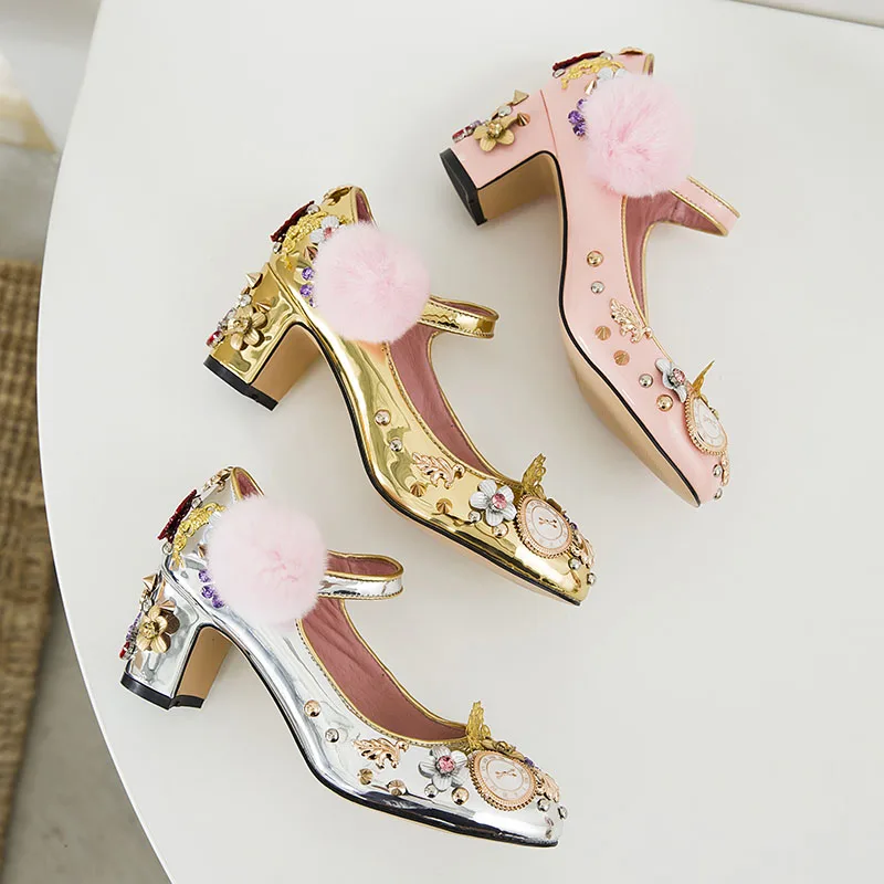 Phoentin Court style mary jane shoes rivet crystal pumps with fur clock decoration gold high heels button closure FT333-1