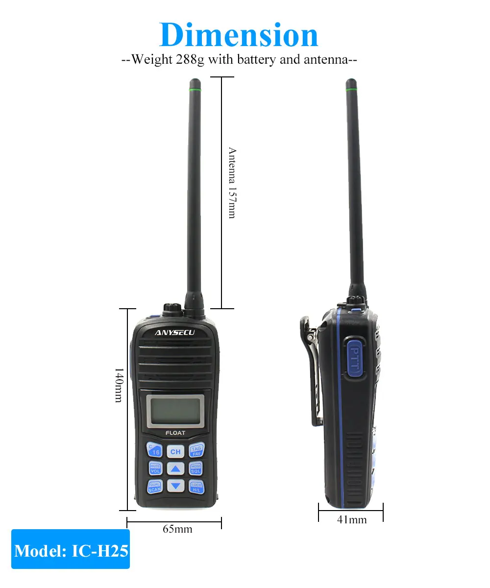 Anysecu поплавок Walkie Talkie IP67 водонепроницаемая морская радиостанция диапазона VHF 156,000-161,450 MHz 5W Ham радиостанция IC-H25