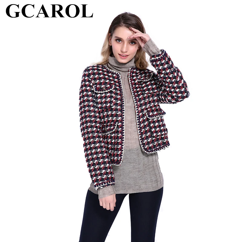 

GCAROL Fall Winter Twist Worsted Plaid Vintage Jacket Covered Button 4 Pockets Short Thick Plaid OL Coat Outwear
