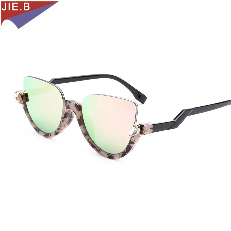 2017 Винтаж Cat Eye Женщины Солнцезащитные очки изгиб храм половину кадра bling алмазная