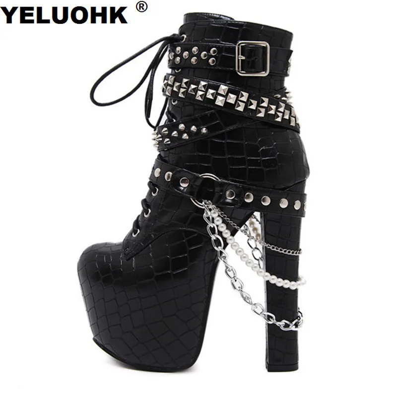 Brand New Rivet Chains Women Ankle Boots Women Extreme High Heels Fashion Motorcycle Boots Women Pumps
