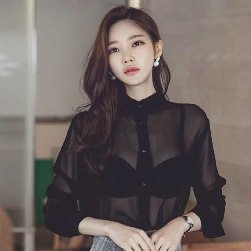 

TUHAO Sexy Women Blouse Tops 2018 Spring Summer Black Chiffon Stand Collar Button Ladies Transparent Long Sleeve Blusas