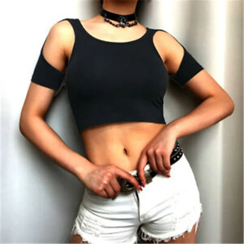

Summer Sexy Women Hollow Tanks Tops Black Fashion Cold Shoulder Short Sleeve Skinny Crop Top Ladies Solid Camis Casual T Shirts