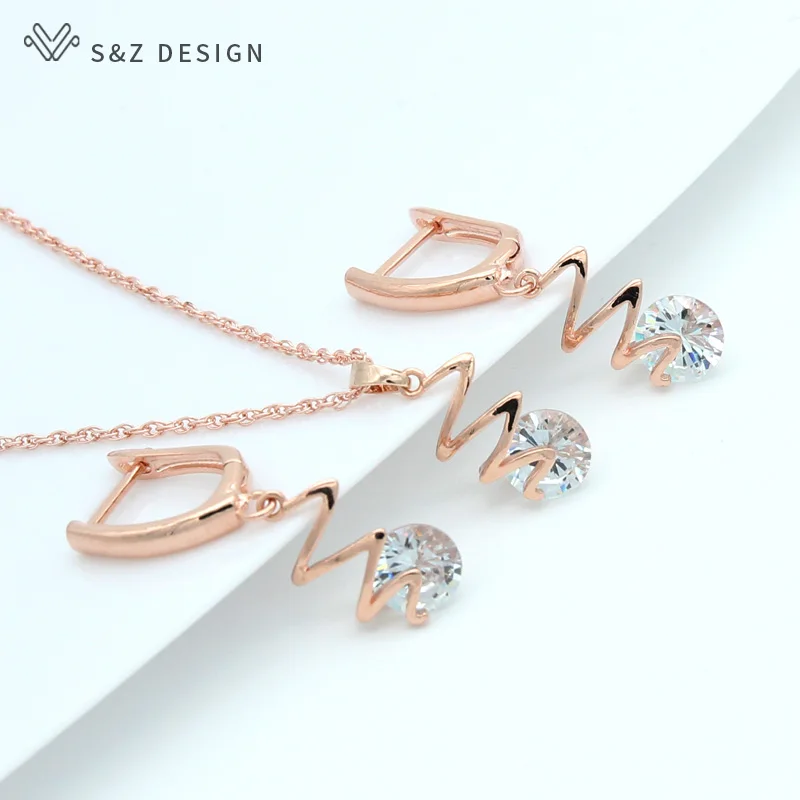 

S&Z New Dangle Drop AAA Cubic Zircon Earrings 585 Rose Gold Color Jewelry Set For Women Fine Wedding Fashion Jewelry Gift