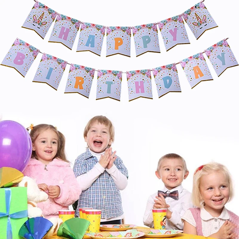 

FoPcc Glittering Unicorn Happy Birthday Banner Baby Shower Kids Party Decor Cartoon Banner Flags Unicorn Party Supplies
