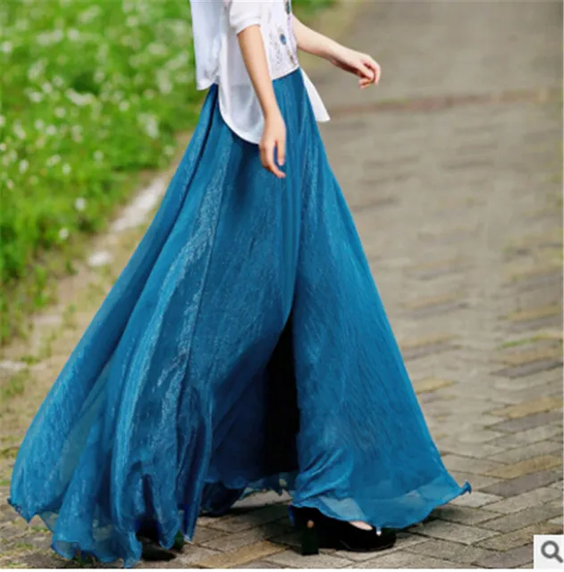 Fashion Female 8 Meters Elastic High Waist Vintage Long Skirts Women