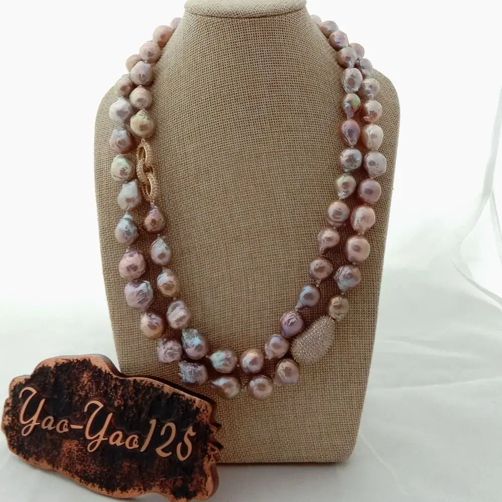 

Women's 23" 2 Strands Natural Purple Keshi Pearl Necklace CZ Pave Connector