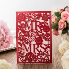 10 pieces/lot) Laser Cut MR&MRS Wedding Invitations With Gold Foil Flowers White Red Engagement Invitation Cards CX029