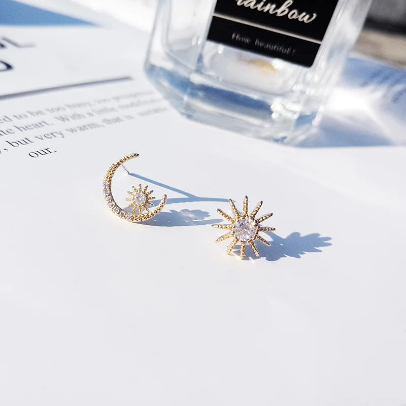 Золотые сверкающие Австрийские хрустальные серьги-гвоздики из стерлингового серебра 925 пробы инкрустированный цирконами звезда и Луна Модные женские ювелирные изделия Brincos для девочек