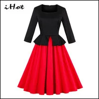 IHOT-2017-New-Design-Autumn-Long-sleeve-Peplem-Cotton-vestidos-midi-elegantes-vintage-Retro-Black-and