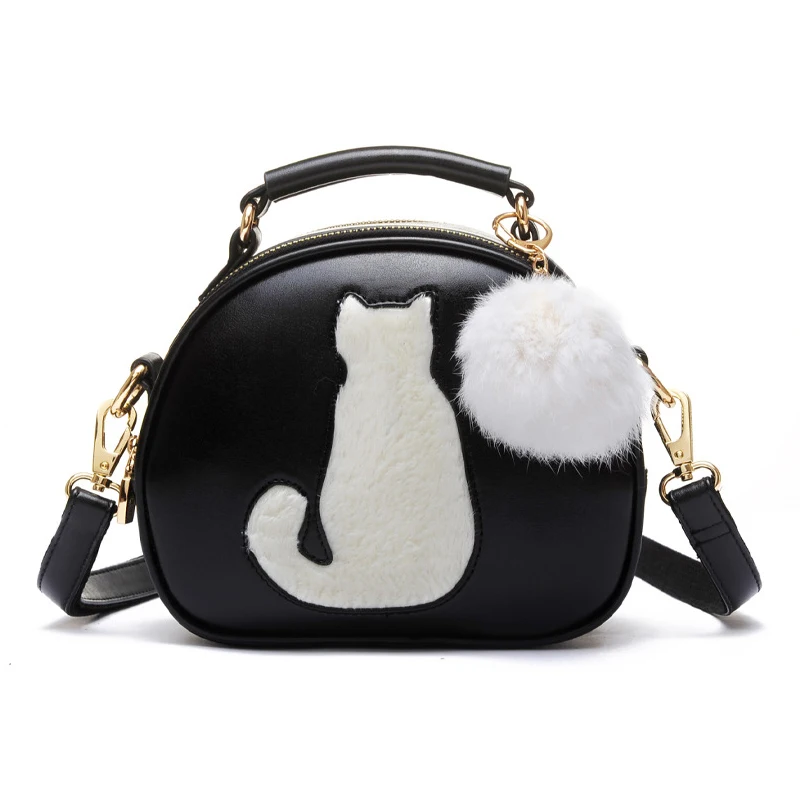 

ABDB-Cute Small Cat Crossbody Bags Girls Circle Black Leather Handbag Fashion Women Fur Ball Shoulder Messenger Bag