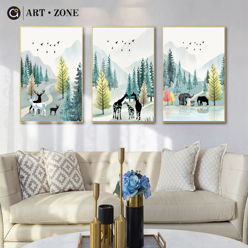 

ART ZONE Giraffe Animal Canvas Painting Forest Abstract Cartoon Elephant Art Poster Home Bedroom Decoration Wall Art Painting