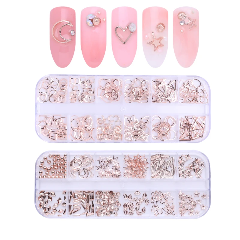 

12 Grids/Box Geometry Nail Studs Rose Gold Circle Star Round Cross Leaves Starfish Shell Rivets 3D Nail Art Decoration