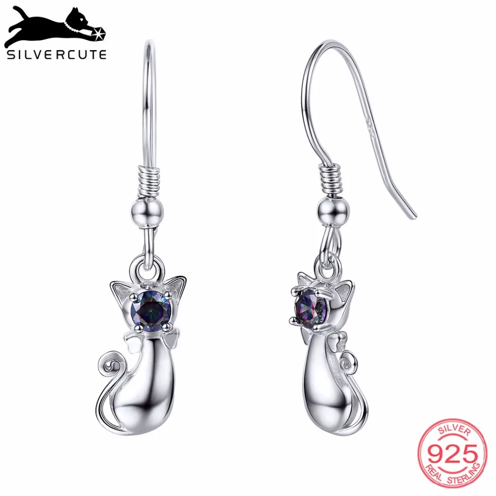 SILVERCUTE Cat Kitty Висячие серьги для женщин 925 стерлингового серебра Радуга Топаз крюк