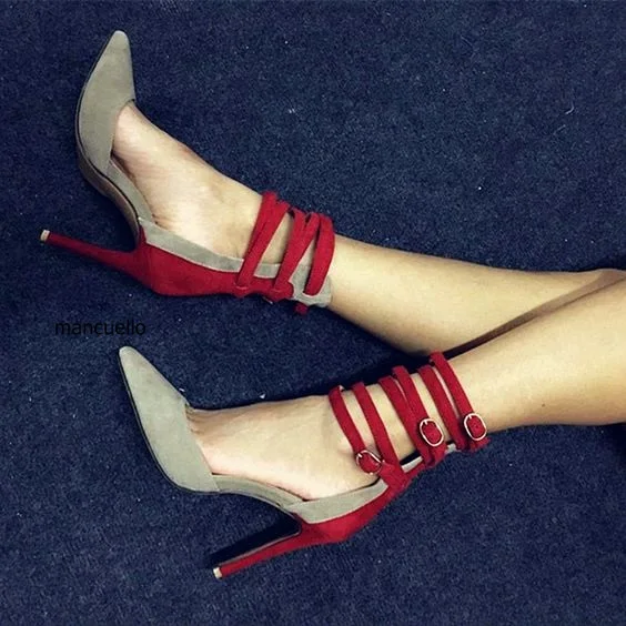 

Women Sexy Pointed Toe Suede Leather Patchwork Pumps Fashion Buckles Summer Gladiator Sandals Thin High Heels Dress Shoes