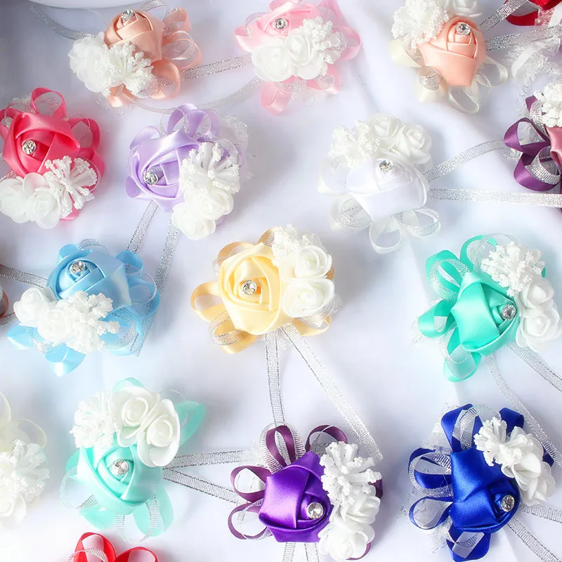 Silk Roses White Wrist Corsage for Bridesmaids - Elegant Floral Bracelet in Pink and Blue for Weddings