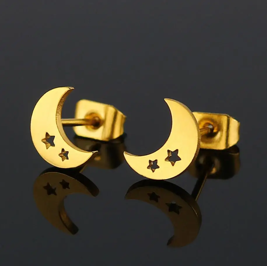 Jisensp милые серьги-гвоздики из нержавеющей стали для женщин повседневные ювелирные изделия подарок крошечная звезда Луна Серьги pendientes mujer moda - Окраска металла: gold