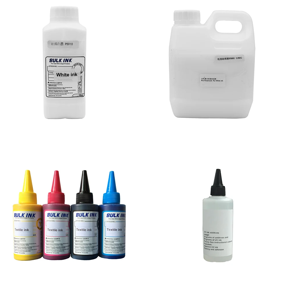 4 Colors X 100ml textile ink + 1 pc X 1000ml white ink + 1 pc X 1000ml