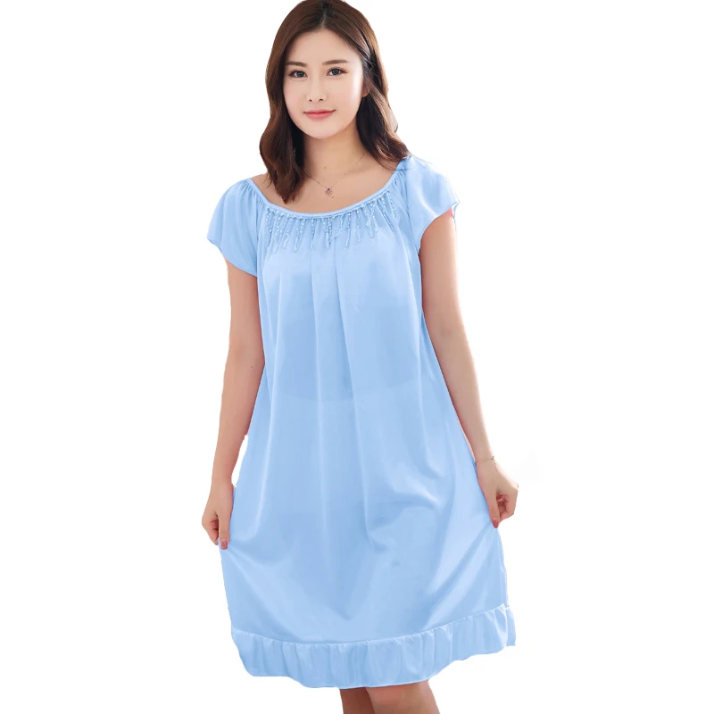 

Solid Color Women Nightwear 2019Summer Short Sleeve Home Dress Satin Nightdress Nightgown Sexy Sleepwear Sleepshirt One Size