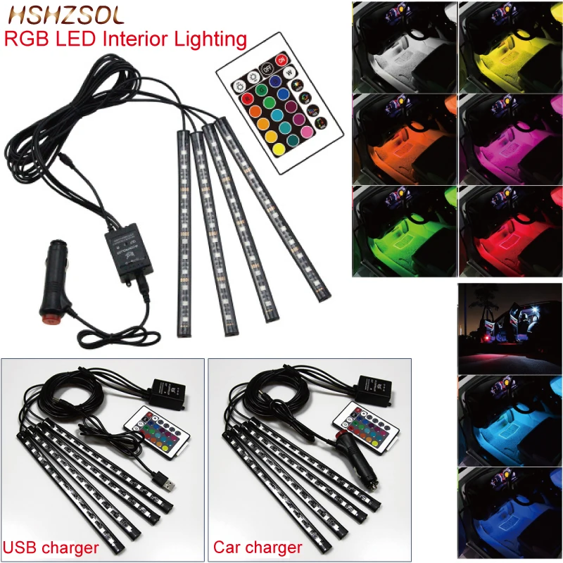 

9/12/15/18LEDS*4pcs Car RGB LED Strip Lights Colors Car Styling Decorative Atmosphere Lamps Car Interior Light With Remote 12V