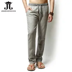 Мужские брюки льняные прямые брюки на шнурке льняные брюки Полная длина однотонные льняные хлопковые домашние мужские брюки модные брюки