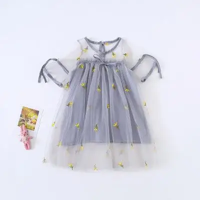 Новое поступление; летнее платье принцессы в Корейском стиле с вышивкой в виде ананаса; платье с короткими рукавами для милых маленьких девочек - Цвет: Серый