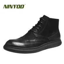 NINYOO/Новинка; высококачественные мужские ботинки; Броги из натуральной кожи; ботинки на меху; износостойкие Зимние ботильоны; ботинки «Челси» с резным узором; повседневная обувь