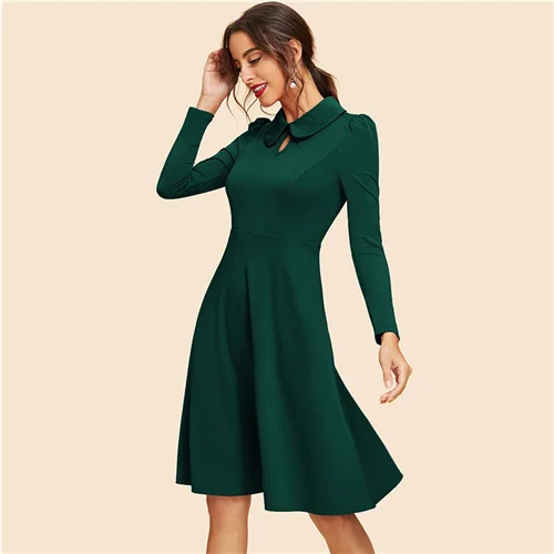 SHEIN Платье Клеш С Длинными Рукавами Офисное Платье с Высокой Талией Элегантные Однотонные Платья - Цвет: Зеленый