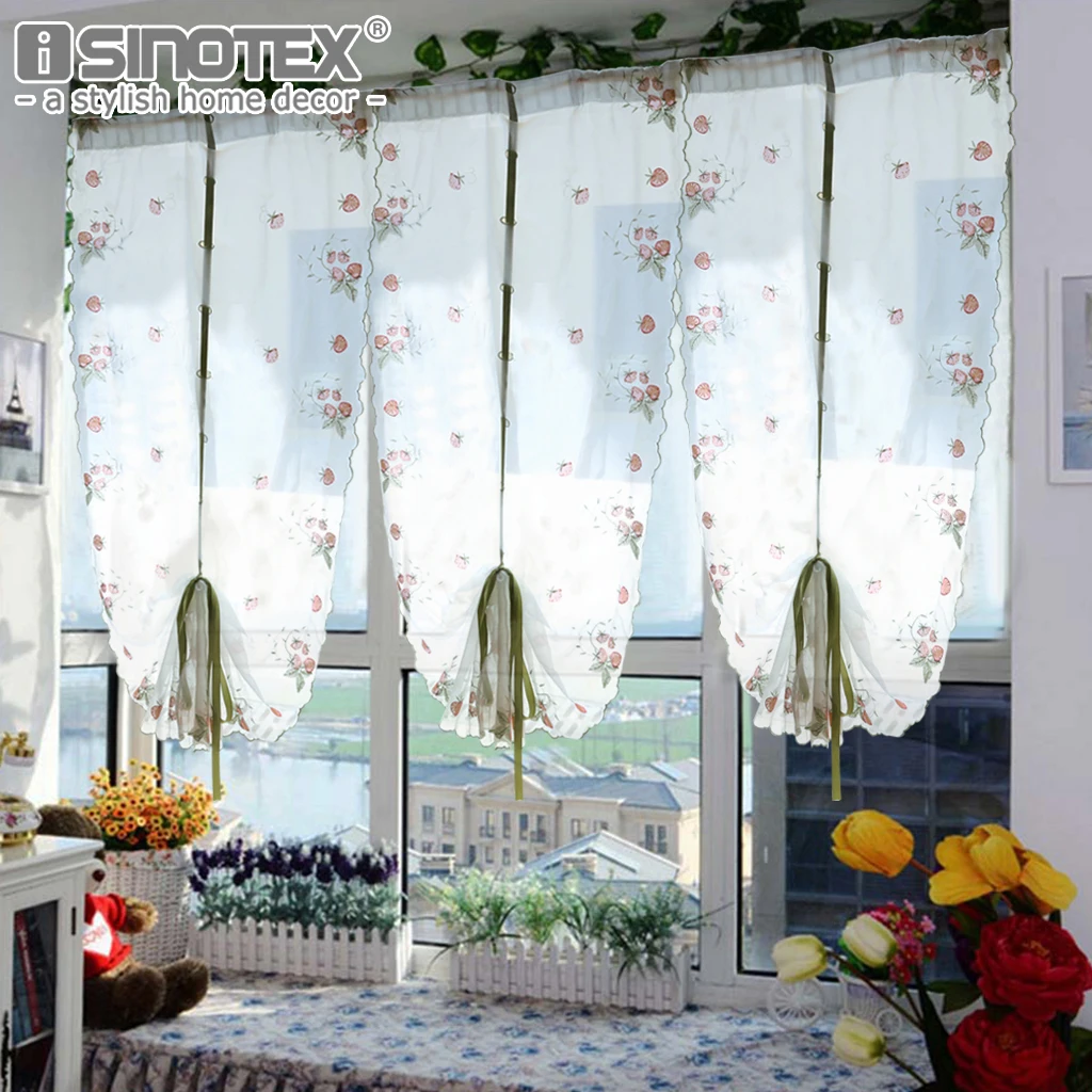 Pastoral Strawberry Voile Roman Curtains Gauze For Kitchen Window