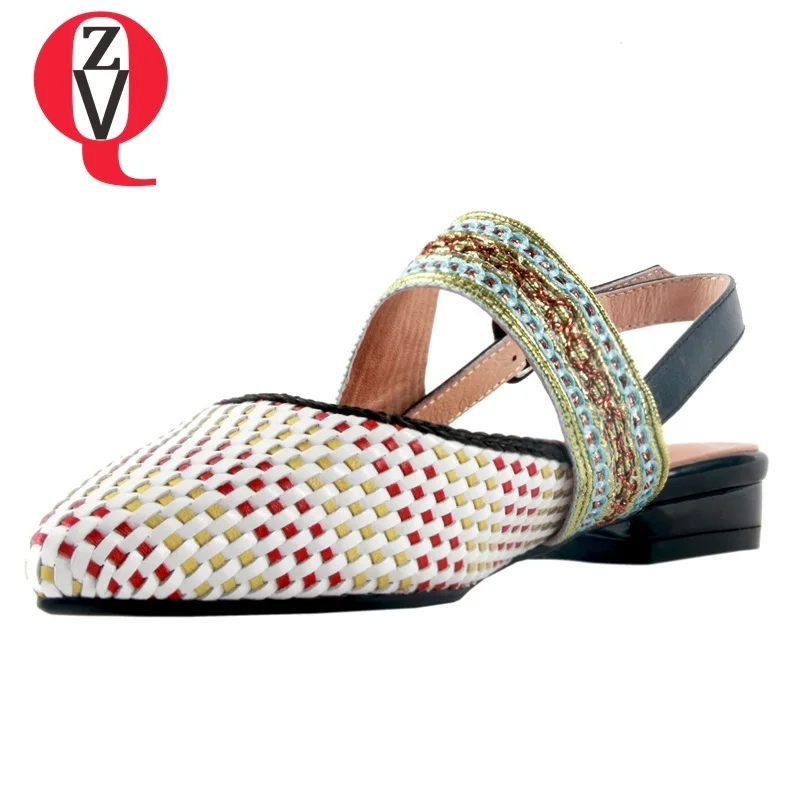 

ZVQ shoes woman summer new concise mixed colors genuine leather woman flats outside comfortable buckle pointed toe ladies shoes