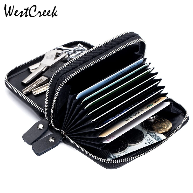 WESTCREEK Brand Multifunction Double Zipper RFID Blocking Card Holder Vintage Leather Key Holders with 12 Cards Slot