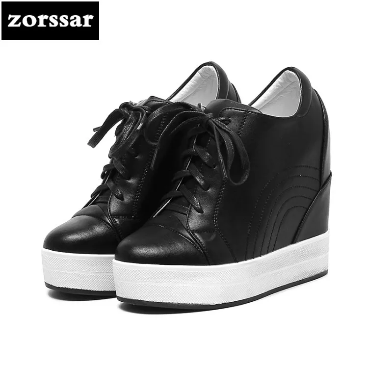 

{Zorssar} 2018 NEW Genuine leather ladies casual shoes Lace-up womens increased internal High heels Platform pumps Size 31-40