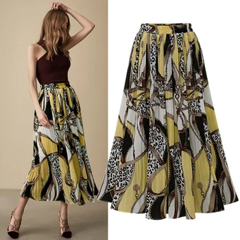 

Skirts Womens High Street Fashion Leopard Chain Print Chiffon Pleated Skirt Elastic High Waist A Line Midi Skirt Women 2019