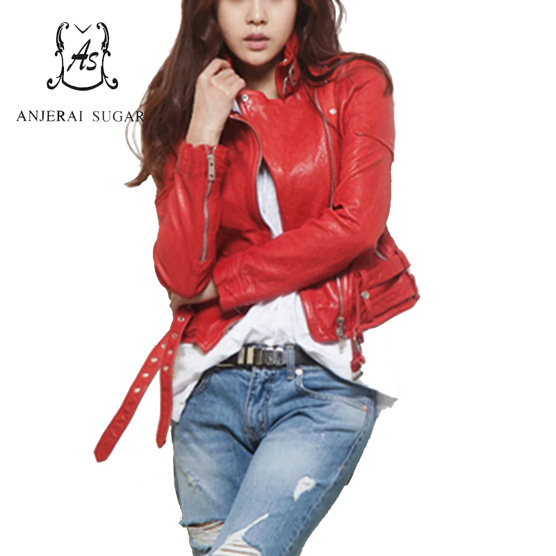 Весна Осень Овчина натуральная кожа куртка женская мотоциклетная кожаная одежда красный короткий сексуальный женский корейский тонкий дизайн куртка