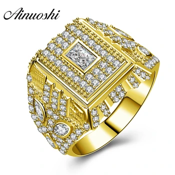 

AINUOSHI Luxury 14K Solid Yellow Gold Ring Wide Wedding Band Geometric Male Band Wedding Engagement Gold Ring Jewelry Men Band