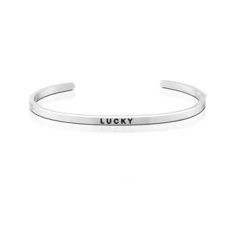 

"LUCKY" Customize Stainless Steel Engraved Positive Inspirational Quote Hand imprint Cuff Mantra Bracelet Bangle for Women Gift