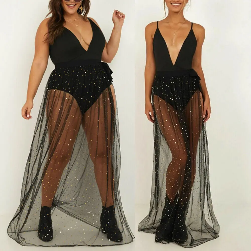 

2019 New Style High Waist See Through Sequined Women Swimwear Bikini Cover Up Sheer Beach Skirt Sarong Long