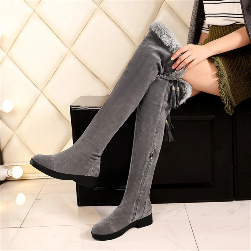 

Thigh Long Snow Boots Sexy Women Shoes Fashion Over Knee Boots Flock Nubuck Shoes Black Gray Zip Fur Winter Boots Plus Size 43