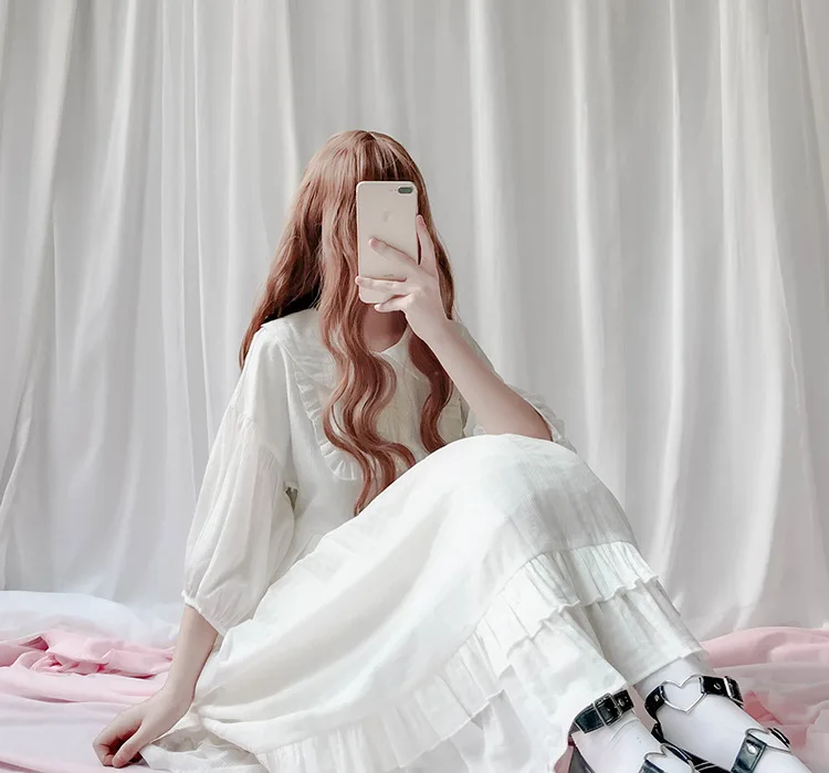 

White Japan Style doll collar Lolita dress bishop sleeve Juicy pleated dress ruffled Sweet white lolita dress Tea Party