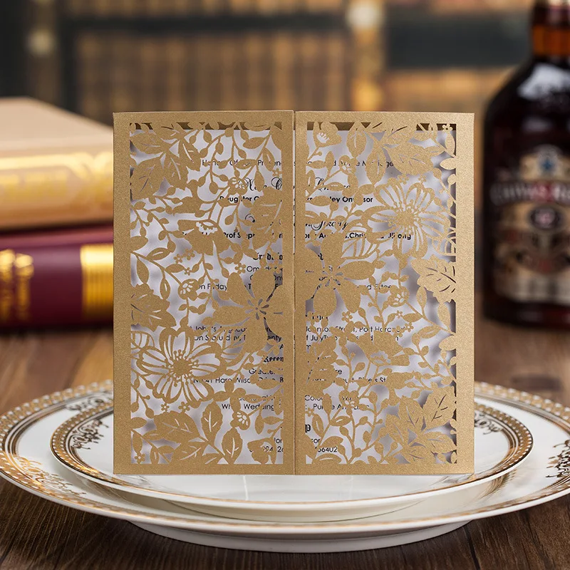 Personalized  laser cut hollow out Wedding Invitation Card gold color