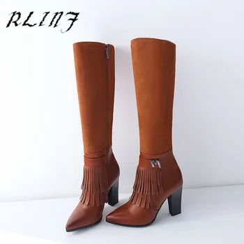 

RLINF New Tassel Small Pointed Thick with Long Tube Fashion Metal Decorative Super High Heel Women's Boots Winter Boots Women