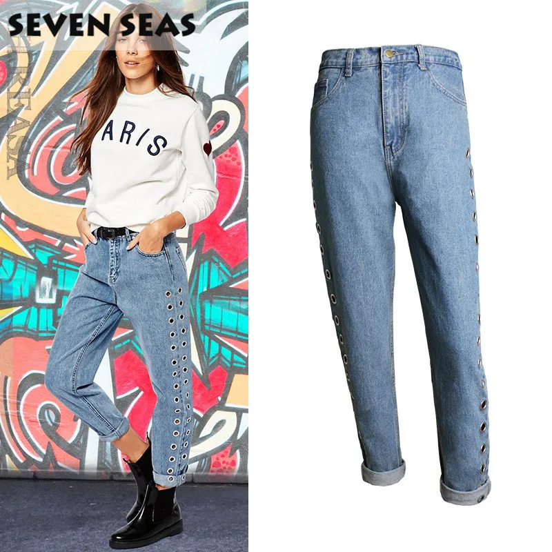 Синие легко прямые ноги полые металлические заклепки высокой талией джинсы Femme Мешковатые Свободные джинсы для женщин в стиле бойфренд