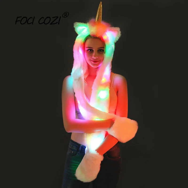 

FOCI COZI Faux Fur Unicorn Gloves Scarf And Hat Set Light Up Hoodie Flashing Control LED Light Winter Accessories For Women