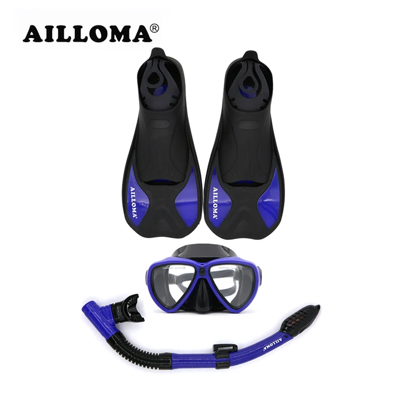 

AILLOMA 3 Pieces Adult Scuba Diving Mask Snorkel Fliper Set TPR Rubber Swimming Fins Tube Flipper Anti-Fog Breathing Equipment